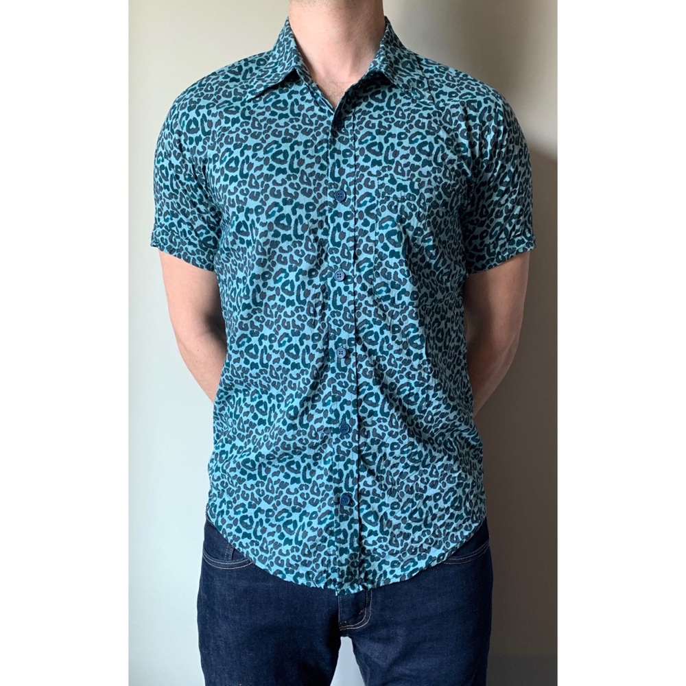 Green/Blue Cheetah Print Short Sleeve Button Up